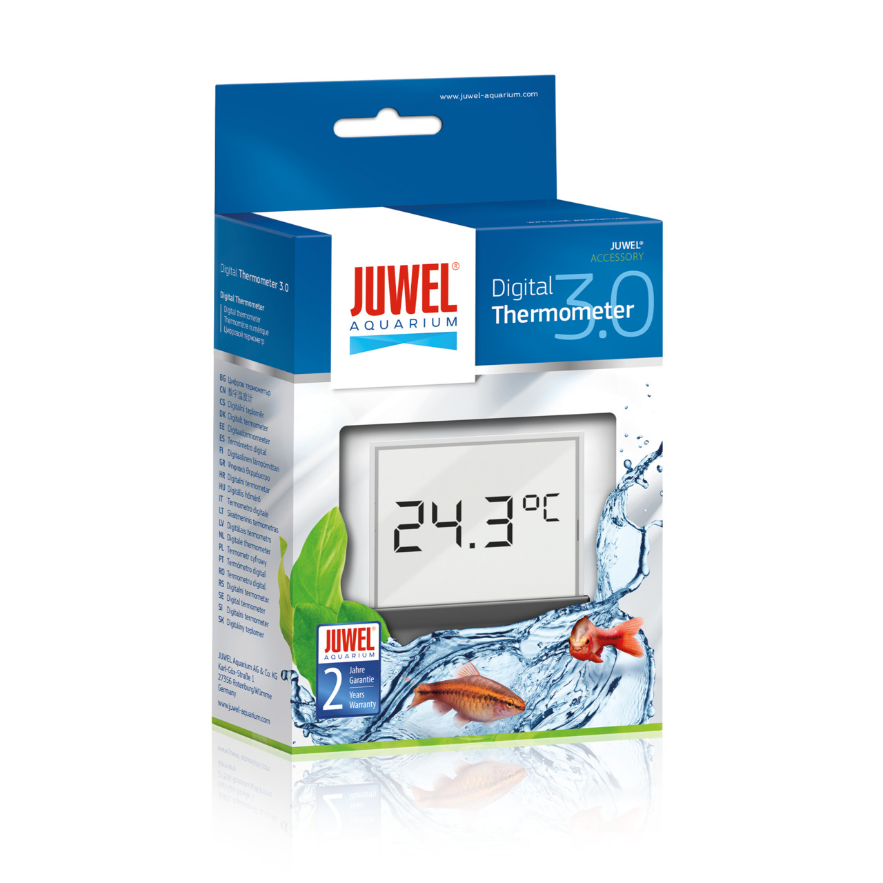Das Bild zeigt das JUWEL Digital Thermometer 3.0, ein Zubehör für Aquarien. Es richtet sich an Aquarienbesitzer und misst präzise die Wassertemperatur, hier angezeigt mit 24,3 °C. Die Verpackung betont eine einfache Handhabung und eine Garantie von 2 Jahr