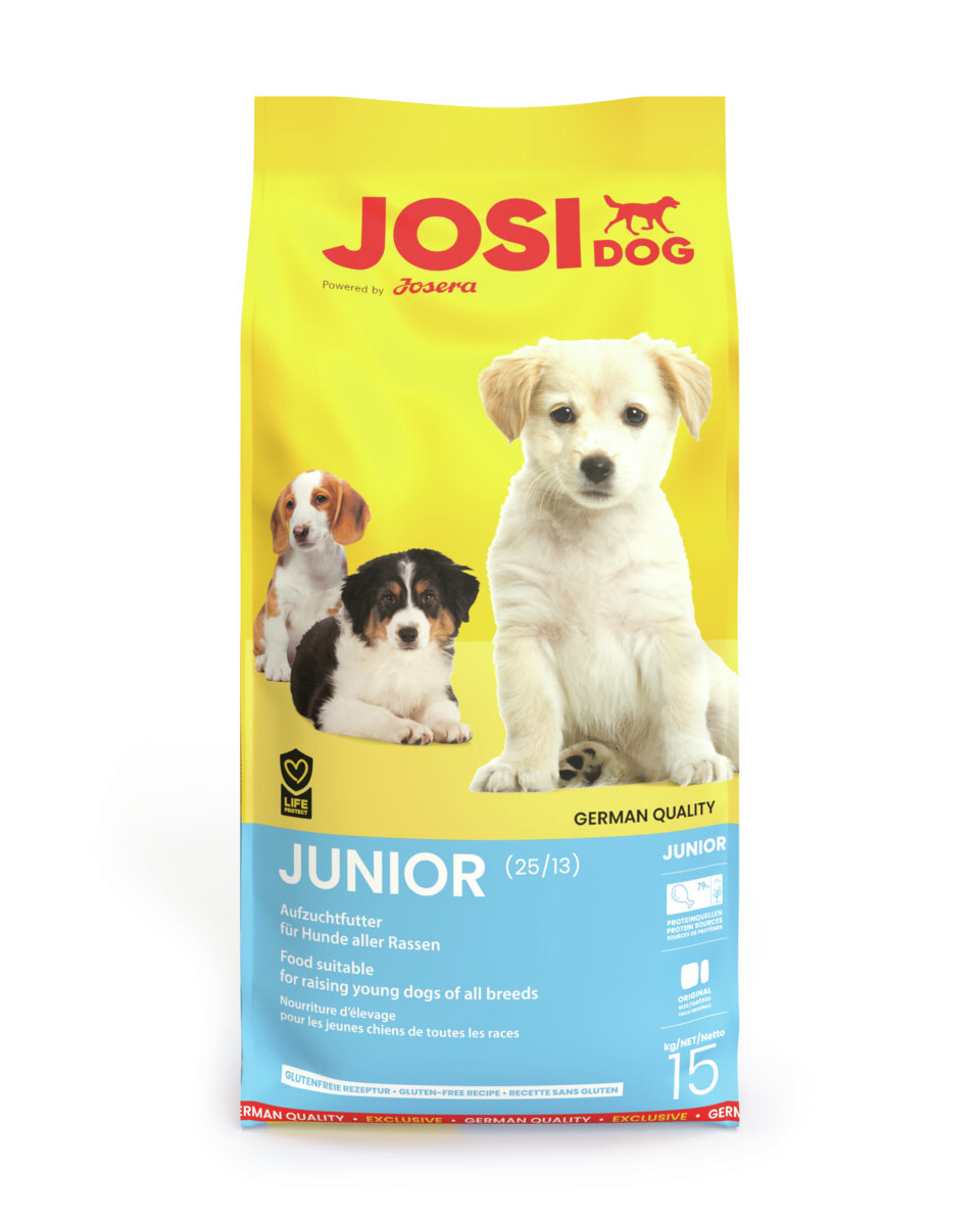 Josera JosiDog Junior (25-13), Aufzuchtfutter f. junge Hunde, glutenfrei, 15 kg, gelbe Verpackung, 2 Welpen als Zielgruppe.
