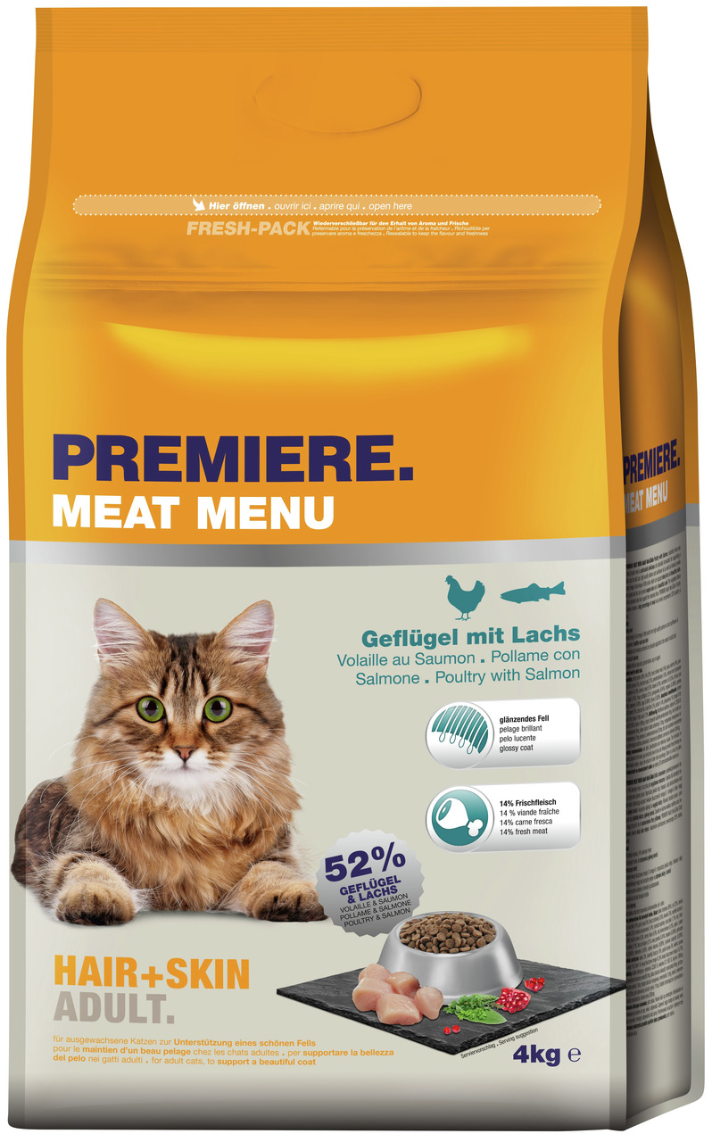 PREMIERE Meat Menu Hair+Skin Adult, Katzenfutter, Geflügel+Lachs, 4 kg, 52 % Geflügel+Lachs, 14 % Frischfleisch, für glänzendes Fell.
