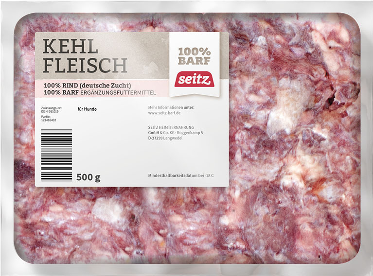 Seitz Kehlfleisch, 100 % Rind (dt. Zucht), Ergänzungsfutter f. Hunde, 500 g, tiefgefroren, BARF-geeignet.