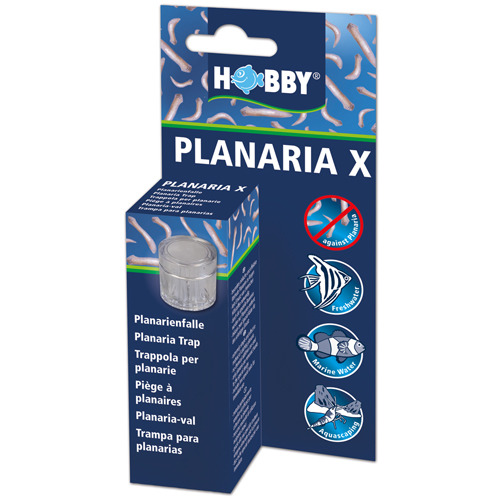 Das Bild zeigt die Verpackung der "HOBBY Planaria X" Planarienfalle, ein Produkt für Aquarienbesitzer. Es ist geeignet für Süß- und Meerwasseraquarien und dient zur effektiven Bekämpfung von Planarien. Die Verpackung enthält eine transparente Falle und is