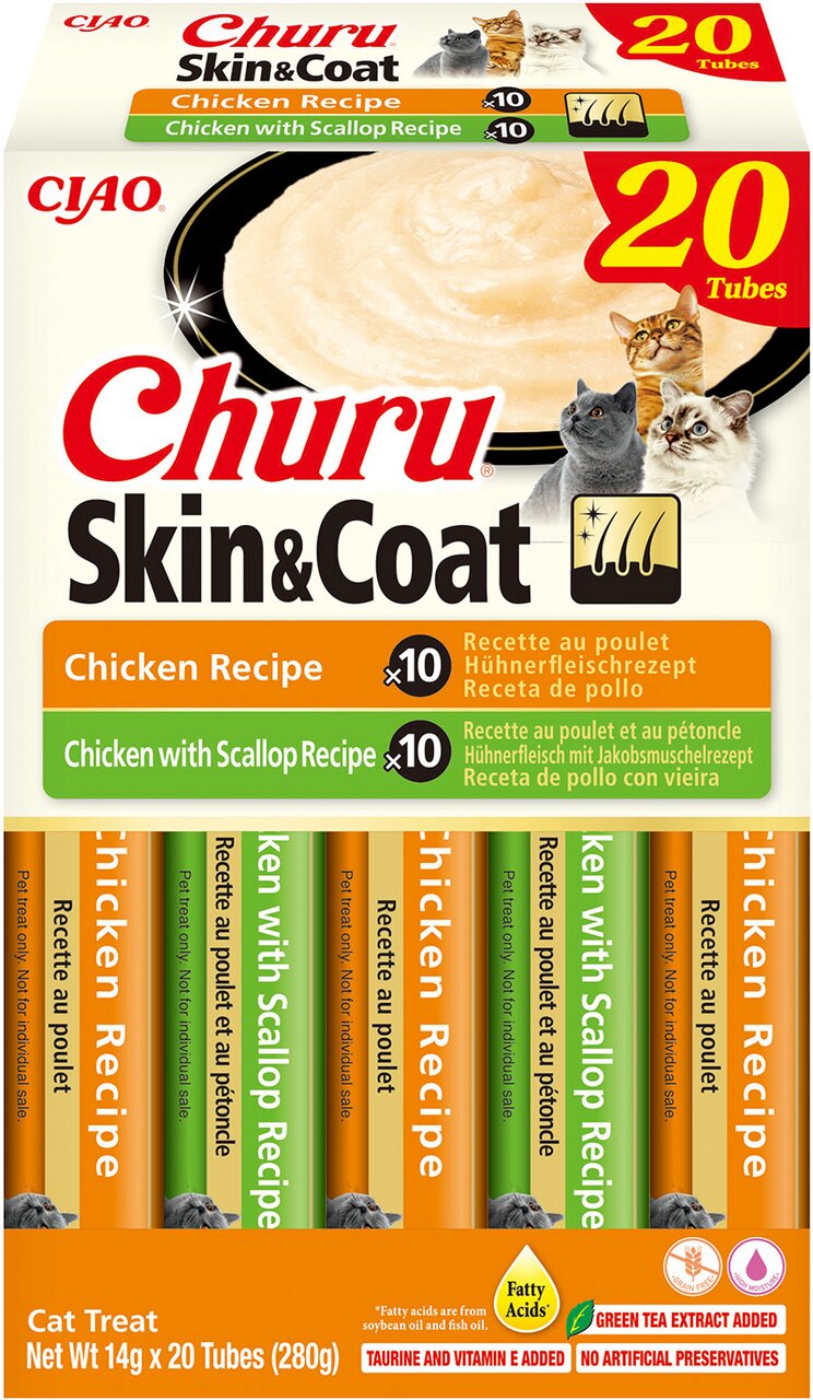 CIAO Churu Skin&Coat Katzenleckerlis, Huhn und Jakobsmuschel, 20 Tuben à 14 g (280 g), mit Fettsäuren & grünem Tee.