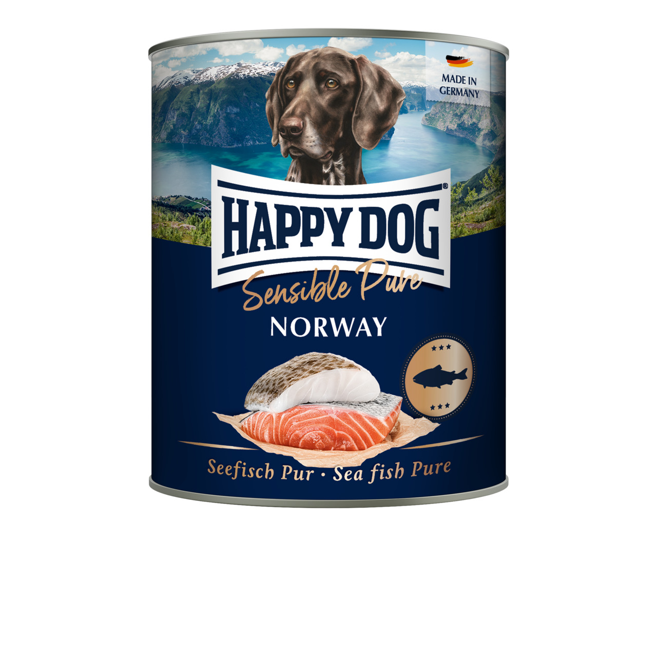 HAPPY DOG Sensible Pure Norway, Hundefutter, Seefisch pur, 400 g, für Hunde, mit norwegischer Landschaft auf der Dose.