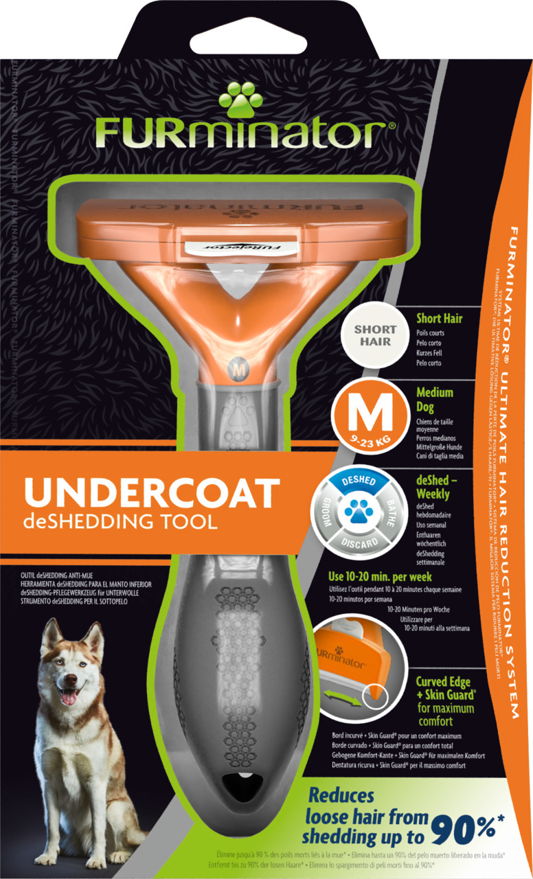 FURminator Undercoat deShedding Tool, mittelgr. Hunde, kurzes Fell, reduziert lose Haare bis 90 %, wöchentl. Anwendung, Orange-Schwarz.