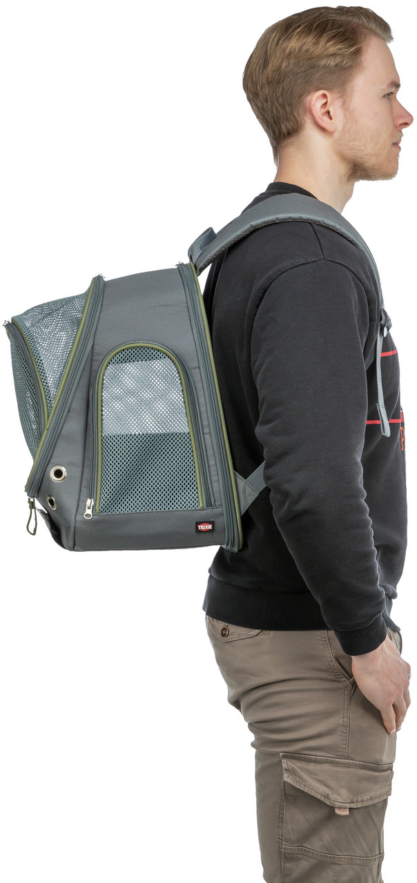TRIXIE-Rucksack für kleine Haustiere, grau, mit Netzfenstern u. Reißverschlüssen, ideal für unterwegs, komfortable Tragegurte.