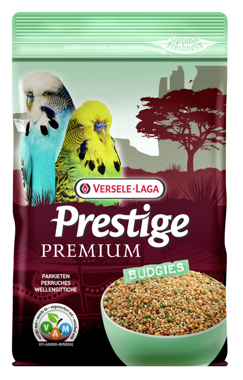 Versele-Laga Prestige Premium Budgies: Vogelfutter f. Wellensittiche, Saatenmix m. Vitaminen, Aminosäuren & Mineralien, wiederverschließbar.