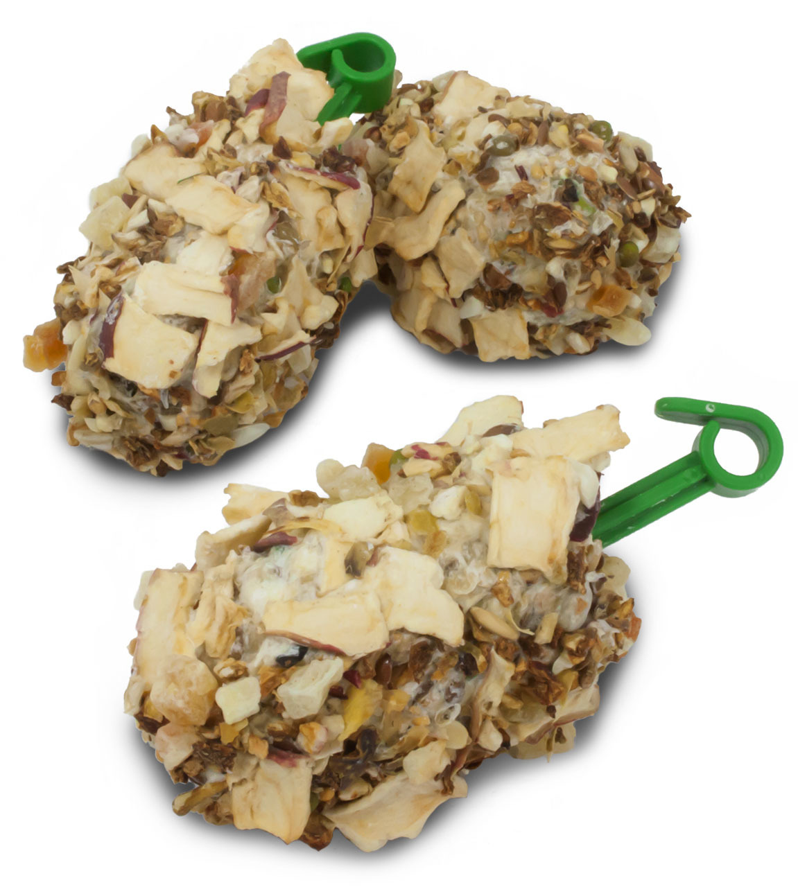 JR FARM Frucht-Spaß für Vögel: 3 Knabberstangen mit Apfel, Leinsamen & Samenmix, an grünen Haken, fördert gesunde Beschäftigung.