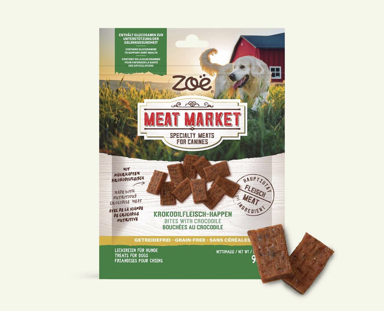 Zoë Meat Market Kroko-Happen für Hunde, Hauptzutat Krokodilsfleisch, getreidefrei, mit Glucosamin, 90g Packung.