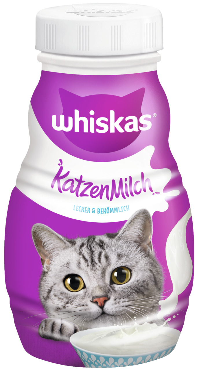 Whiskas KatzenMilch, 200 ml, für Katzen, lecker & bekömmlich, lilafarbene Verpackung mit grauer Katze und gelben Augen.