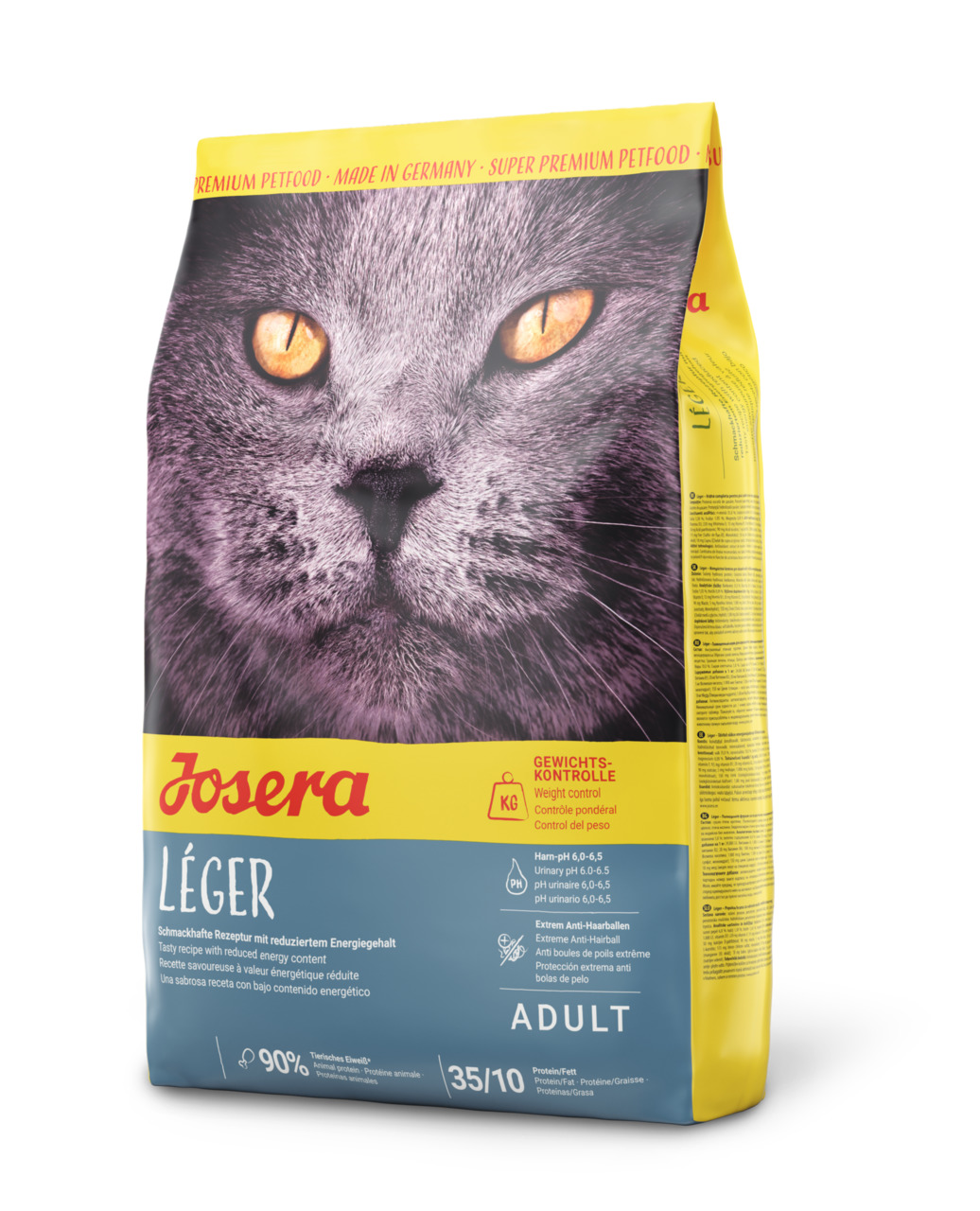 Josera Léger Katzenfutter Adult, Super-Premium, Gewichtskontrolle, Harn-pH 6,0-6,5, Anti-Haarballen, gelb-blaue Verpackung.