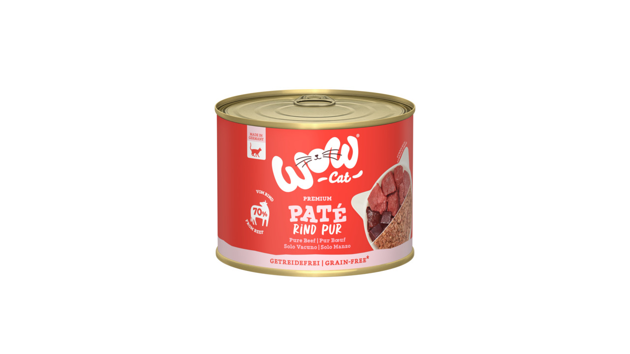 WOW CAT Paté Rind pur, 70 % Rindfleisch, getreidefrei, für Katzen, 200 g.