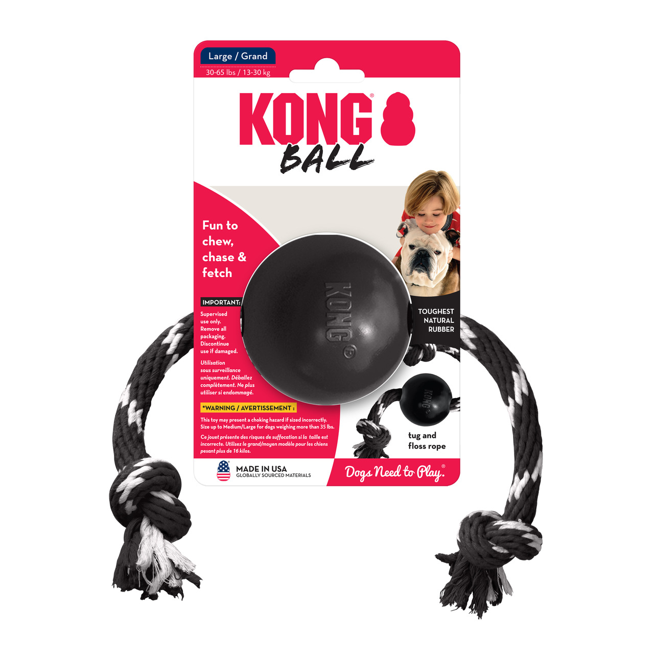 KONG Ball von KONG, robustes Hundespielzeug aus Gummi mit Seil, für Hunde 13-30 kg, ideal zum Kauen, Apportieren & Spielen.