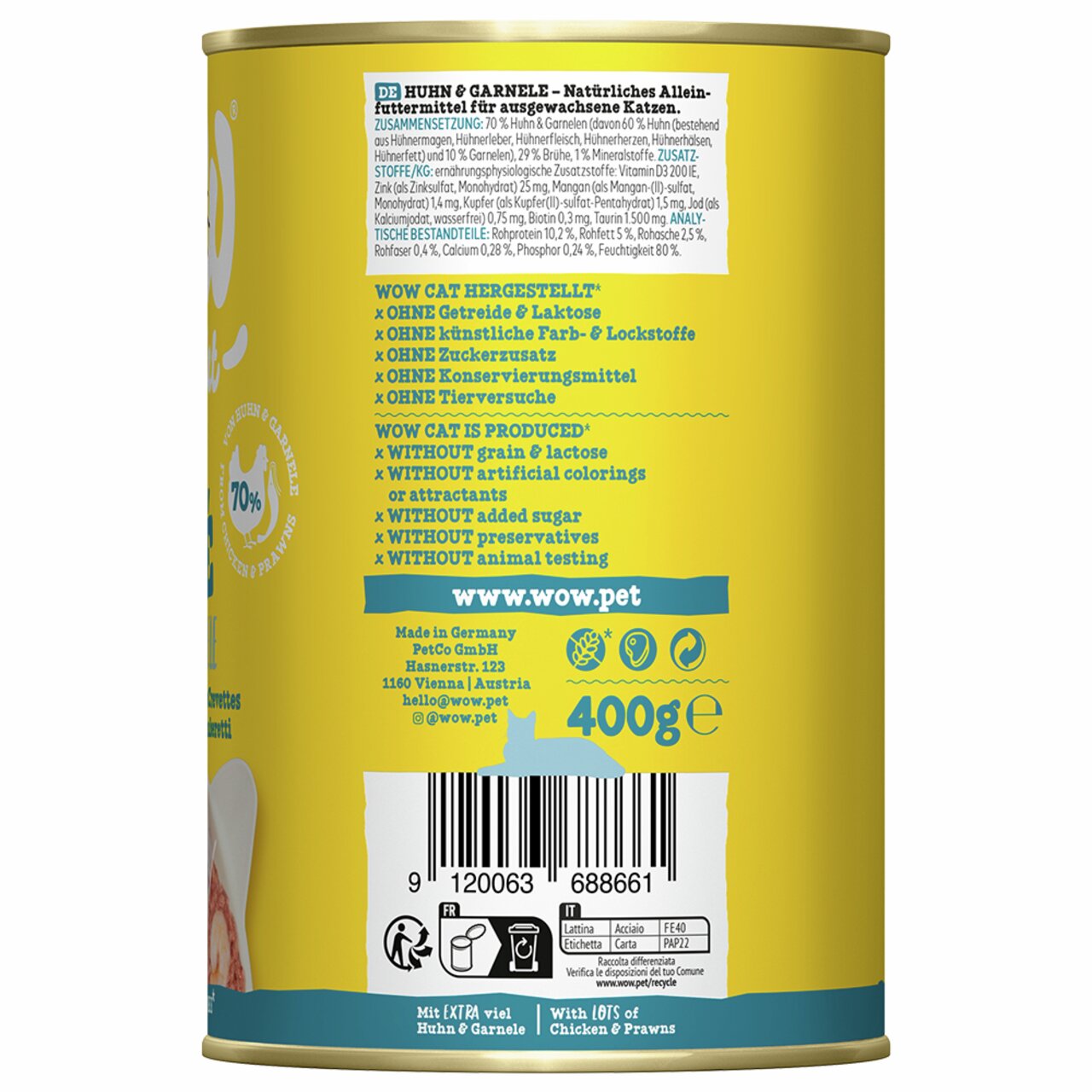 WOW CAT Huhn & Garnelen, 400 g, für ausgewachsene Katzen, getreidefrei, ohne künstl. Farb--Lockstoffe, Konservierungsmittel & Tierversuche.