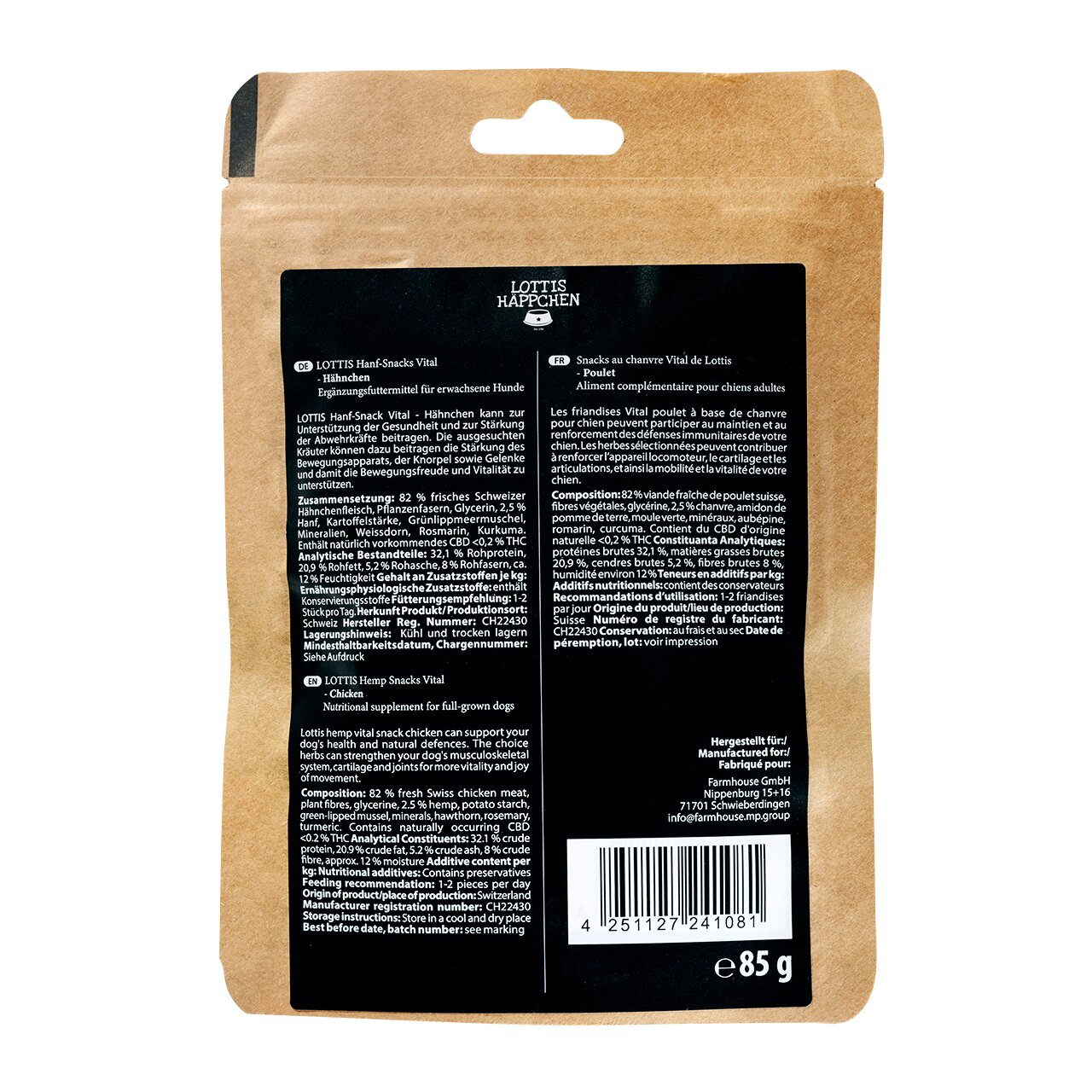 Rückseite der Packung „LOTTIS HÄPPCHEN Hanf-Snacks Vital – Hähnchen“, Nahrungsergänzung für erwachsene Hunde, 85 g, braune Verpackung.