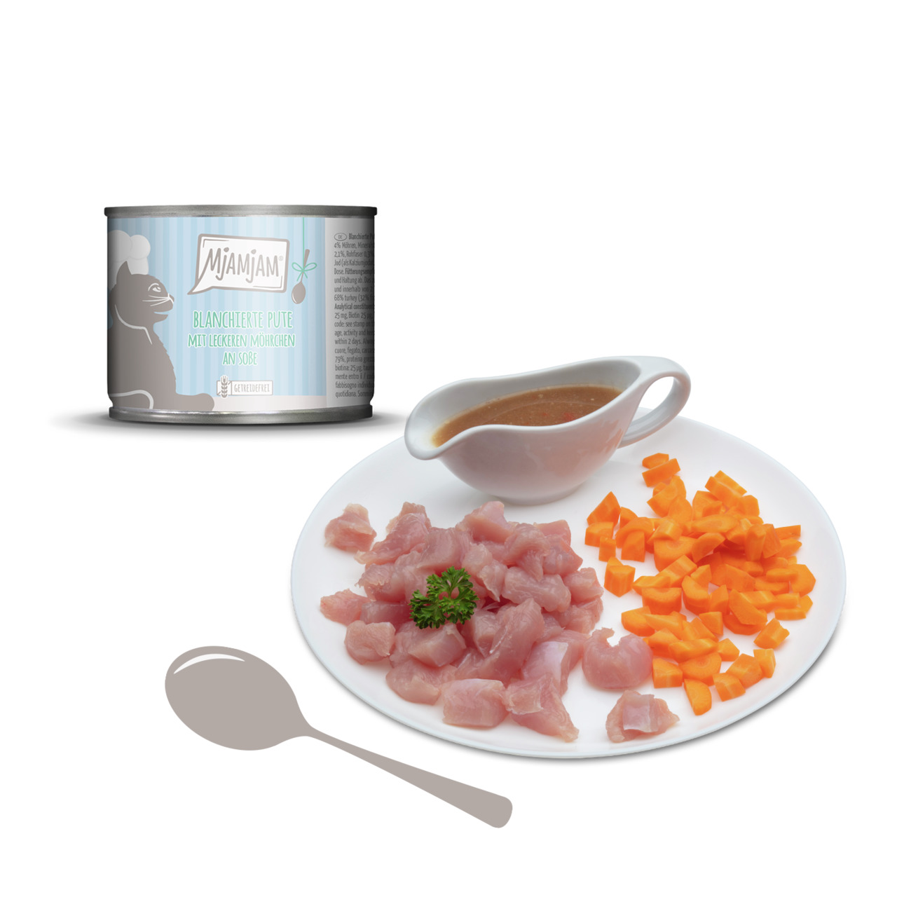 Mjamjam Katzenfutter "Blanchierte Pute mit Möhrchen an Soße", Zielgruppe: Katzen, 125g, mit frischen Zutaten.