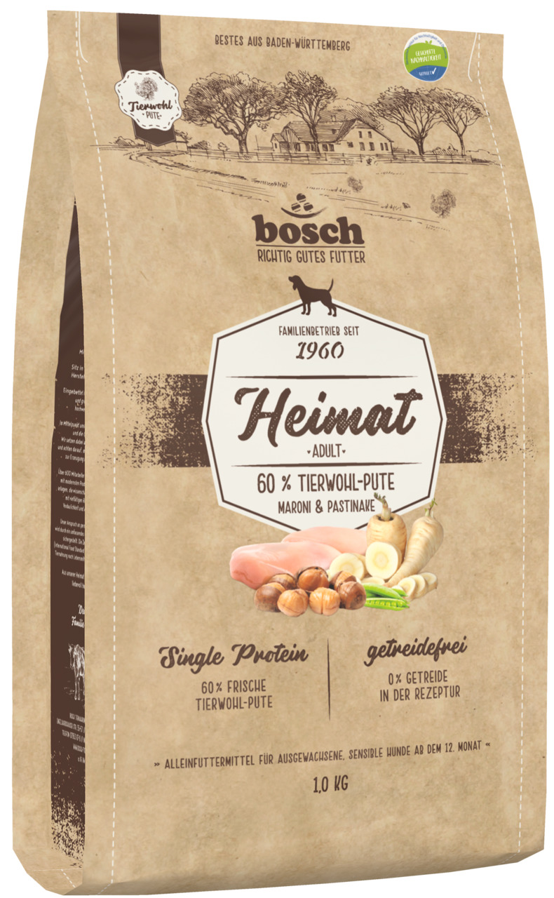 bosch Heimat Adult, 1 kg, getreidefreies Alleinfutter f. sensible Hunde ab 12 Mon., 60 % Tierwohl-Pute, Maroni, Pastinake, Single Protein.