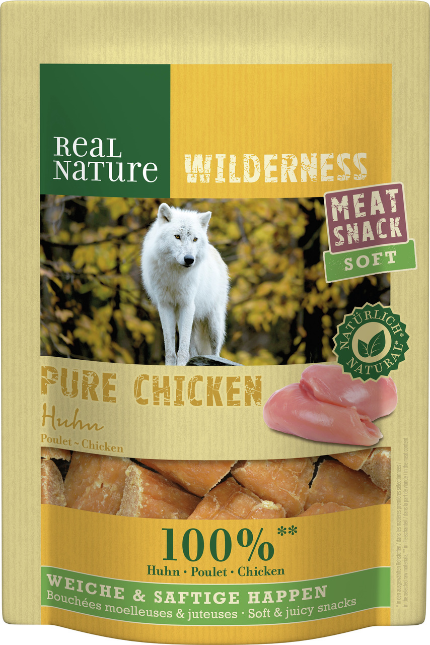 REAL NATURE Wilderness Meat Snack Soft – Pure Chicken, Hundesnack, Huhn, 100 % nat. Zutaten, weich & saftig, weißer Wolf, Herbstwald.