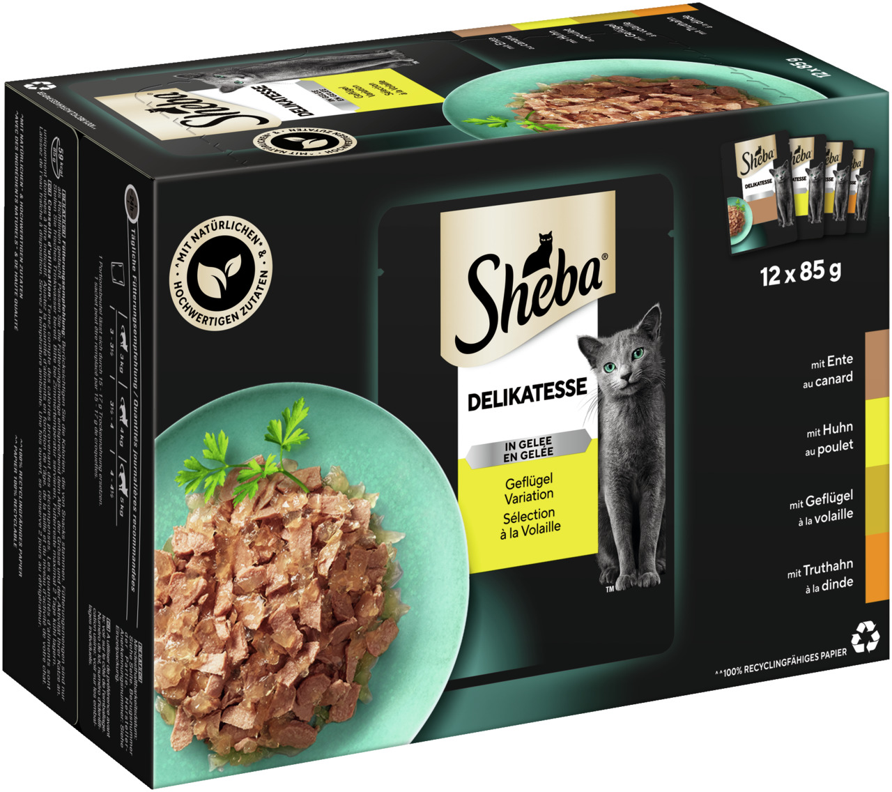 Das Bild zeigt eine Verpackung des Katzenfutters „Sheba Delikatesse in Gelee – Geflügel Variation“. Die Zielgruppe sind Katzen. Die Geschmacksrichtungen umfassen Ente, Huhn, Geflügel und Truthahn. Die Packung enthält 12 Portionsbeutel à 85 g. Hergestellt 