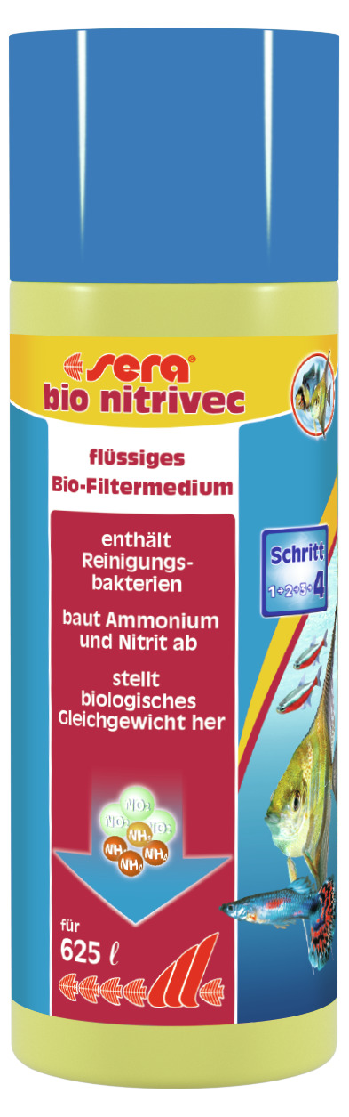 Das Bild zeigt das Produkt "sera bio nitrivec", ein flüssiges Bio-Filtermedium für Aquarien. Es enthält Reinigungsbakterien, die Ammonium und Nitrit abbauen, und hilft, das biologische Gleichgewicht herzustellen. Die Verpackung weist eine Menge von 625 Li