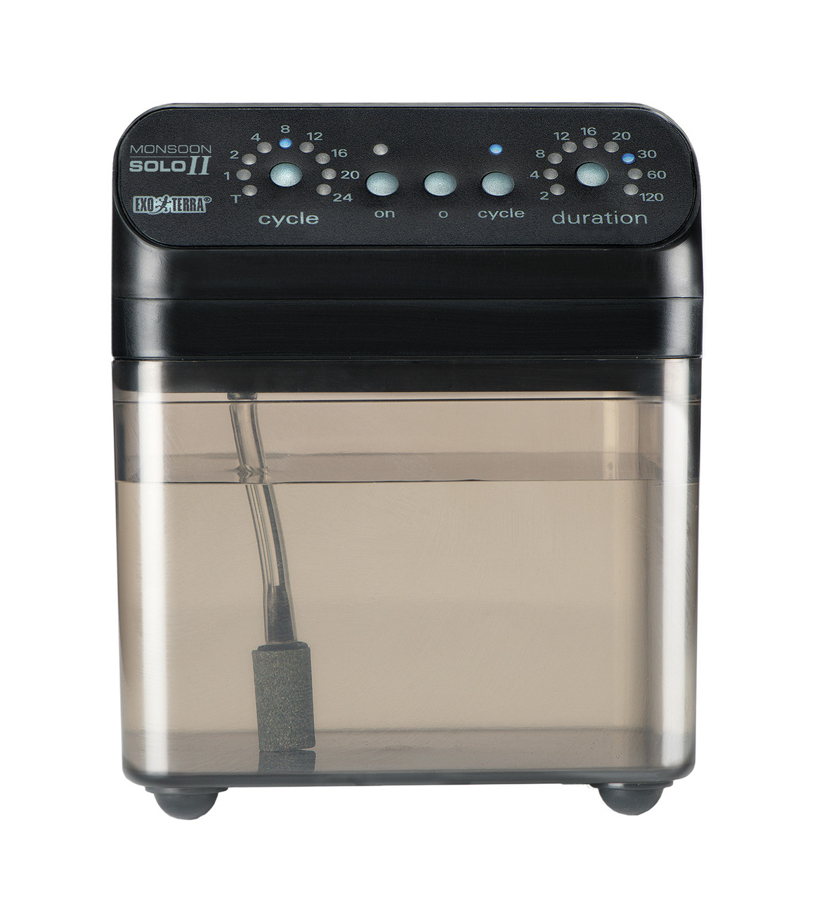 Exo Terra Monsoon Solo II: Autom. Beregnungssystem für Reptilien/Amphibien, hohe Luftfeuchte, schwarz, transparent, einstellbar.