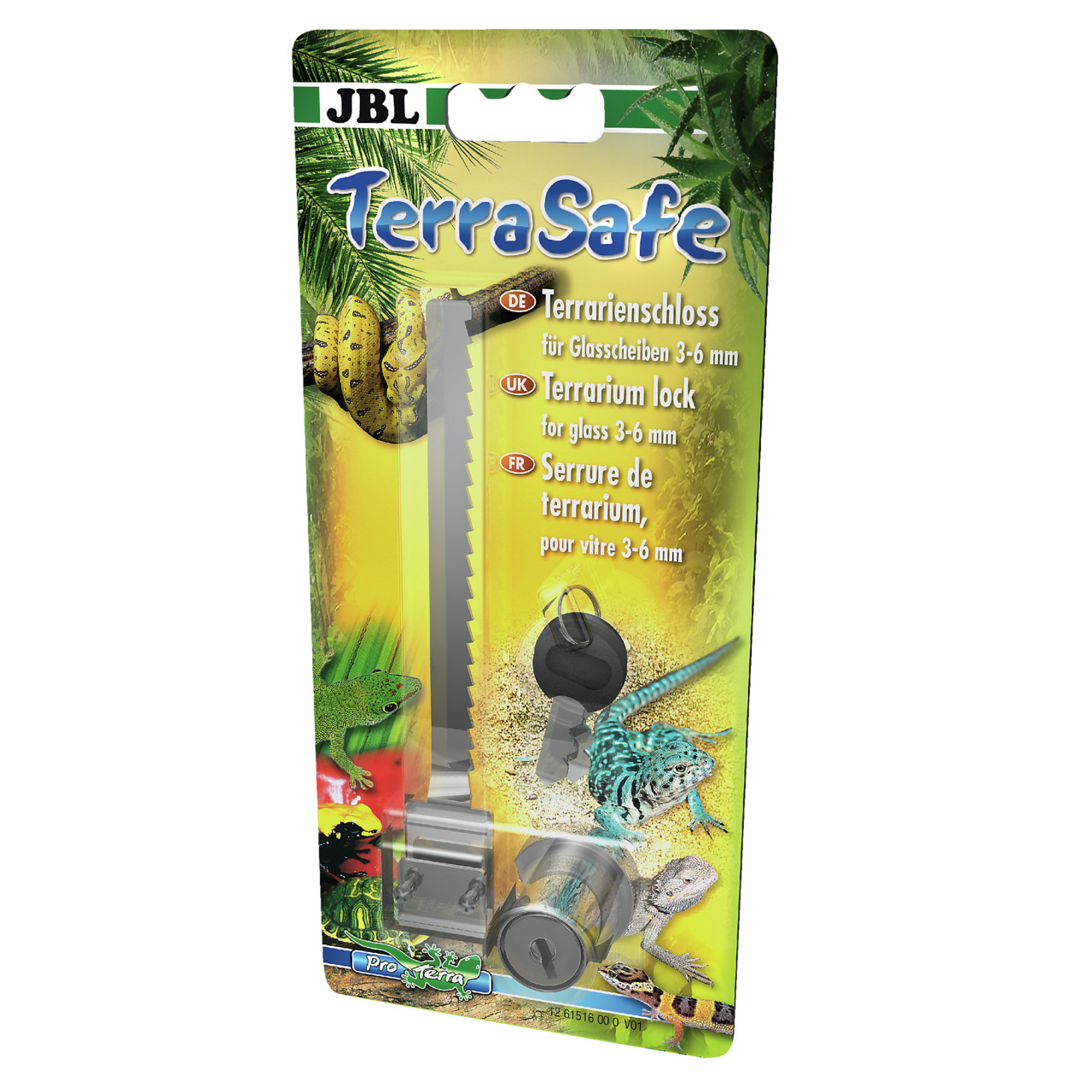 JBL TerraSafe Terrarienschloss, für Glasscheiben 3-6 mm, inkl. Schlüssel & Zubehör, ideal für Reptilienhalter, sichert Terrarien.