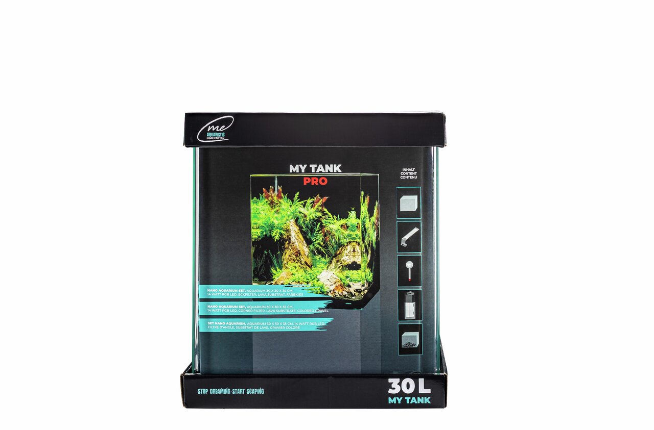 Nano-Aquarium von ME, Modell "My Tank Pro", 30 Liter, ideal für Aquaristik-Einsteiger, inkl. Zubehör wie Filter und Beleuchtung.