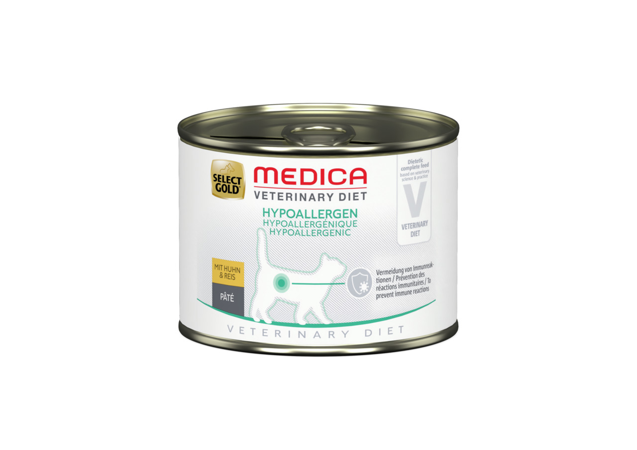 Select Gold Medica Vet. Diet Hypoallergen, Paté, Huhn & Reis, f. erw. Hunde, 400 g, gegen Immunreaktionen.