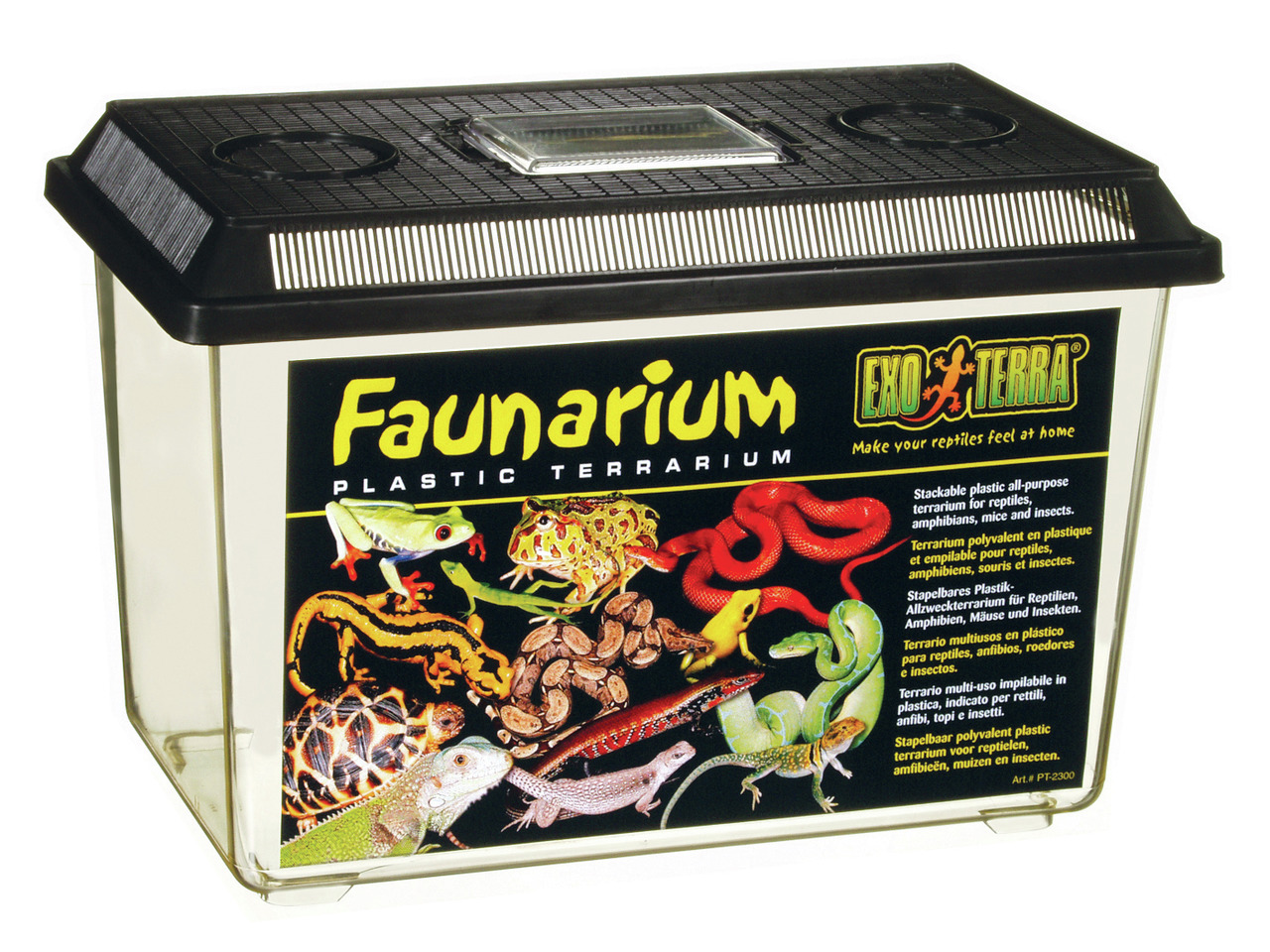 Exo Terra Faunarium: stapelbares Kunststoff-Terrarium f. Reptilien, Amphibien, Mäuse & Insekten, transparent, schwarzer Deckel, Belüftung.