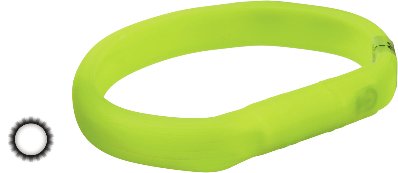 Das Bild zeigt das TRIXIE USB-Leuchthalsband für Hunde in einer leuchtend gelben Farbe. Es ist speziell für die Sicherheit von Hunden bei schlechten Lichtverhältnissen konzipiert. Das Halsband ist wiederaufladbar über USB und bietet eine hohe Sichtbarkeit