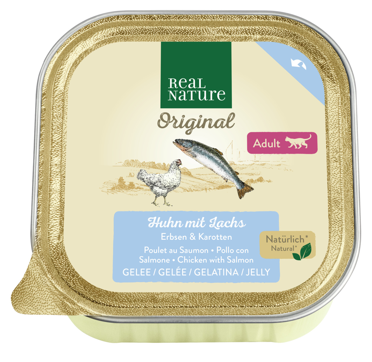 REAL NATURE Original Katzenfutter Adult, Huhn & Lachs mit Erbsen & Karotten in Gelee, natürliche Inhaltsstoffe.
