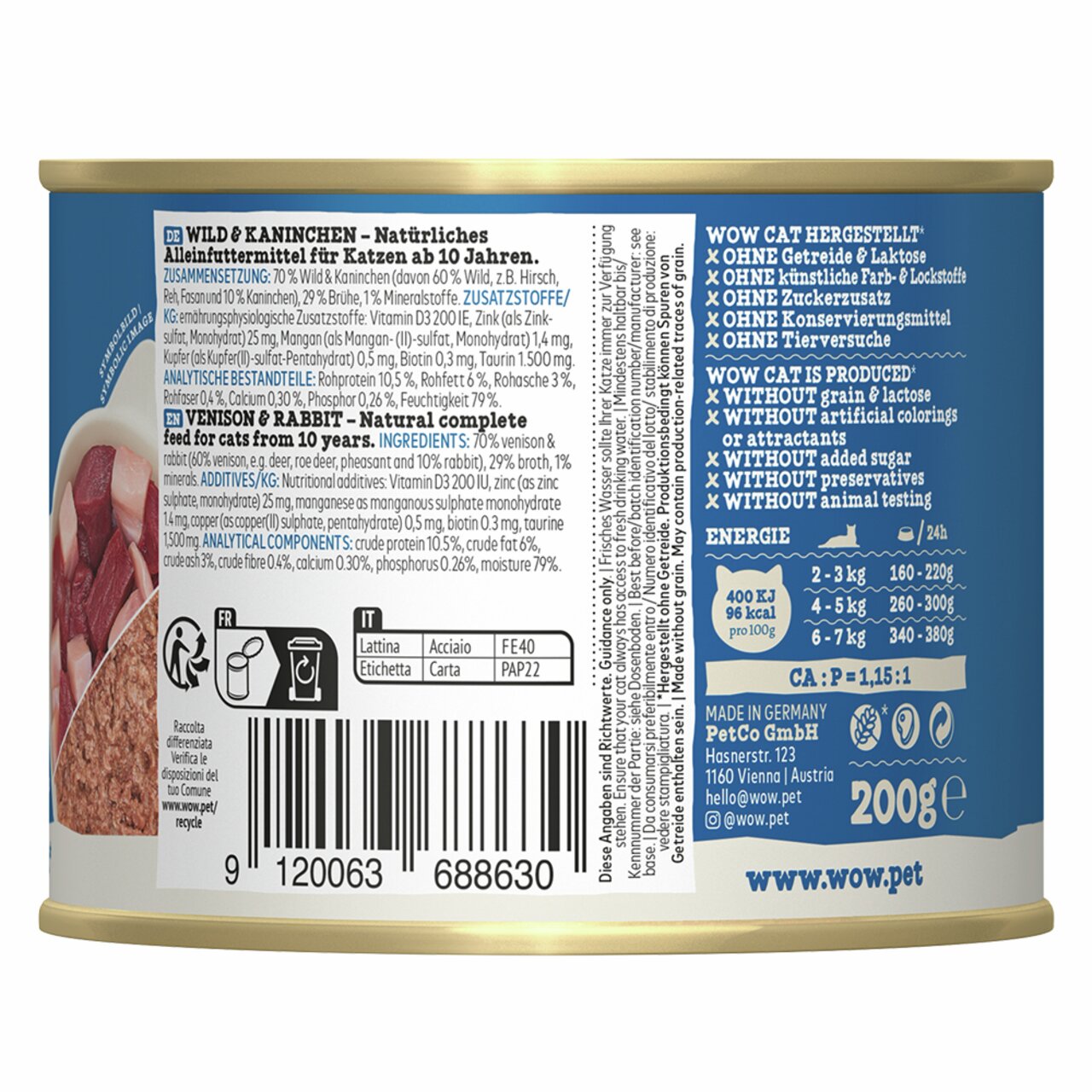 WOW CAT Katzenfutter Wild & Kaninchen, für Katzen ab 12 Mon., 200 g, ohne Zuckerzusatz, künstl. Farb- & Konservierungsstoffe.