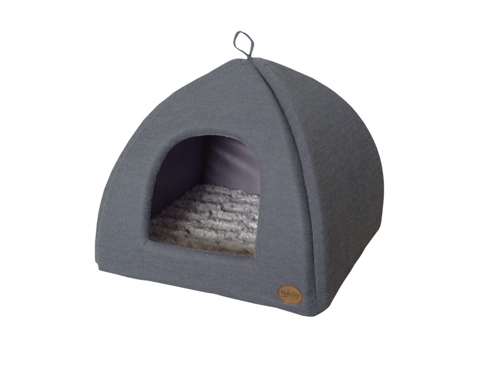 Graues Haustierbett „Nobby Cat Dome“ für Katzen und kleine Hunde. Die gemütliche Höhle bietet einen Rückzugsort mit weichem, herausnehmbarem Kissen in Plüschoptik. Ideal für Haustiere, die Geborgenheit suchen. Maße und Material sind auf dem Bild nicht erk