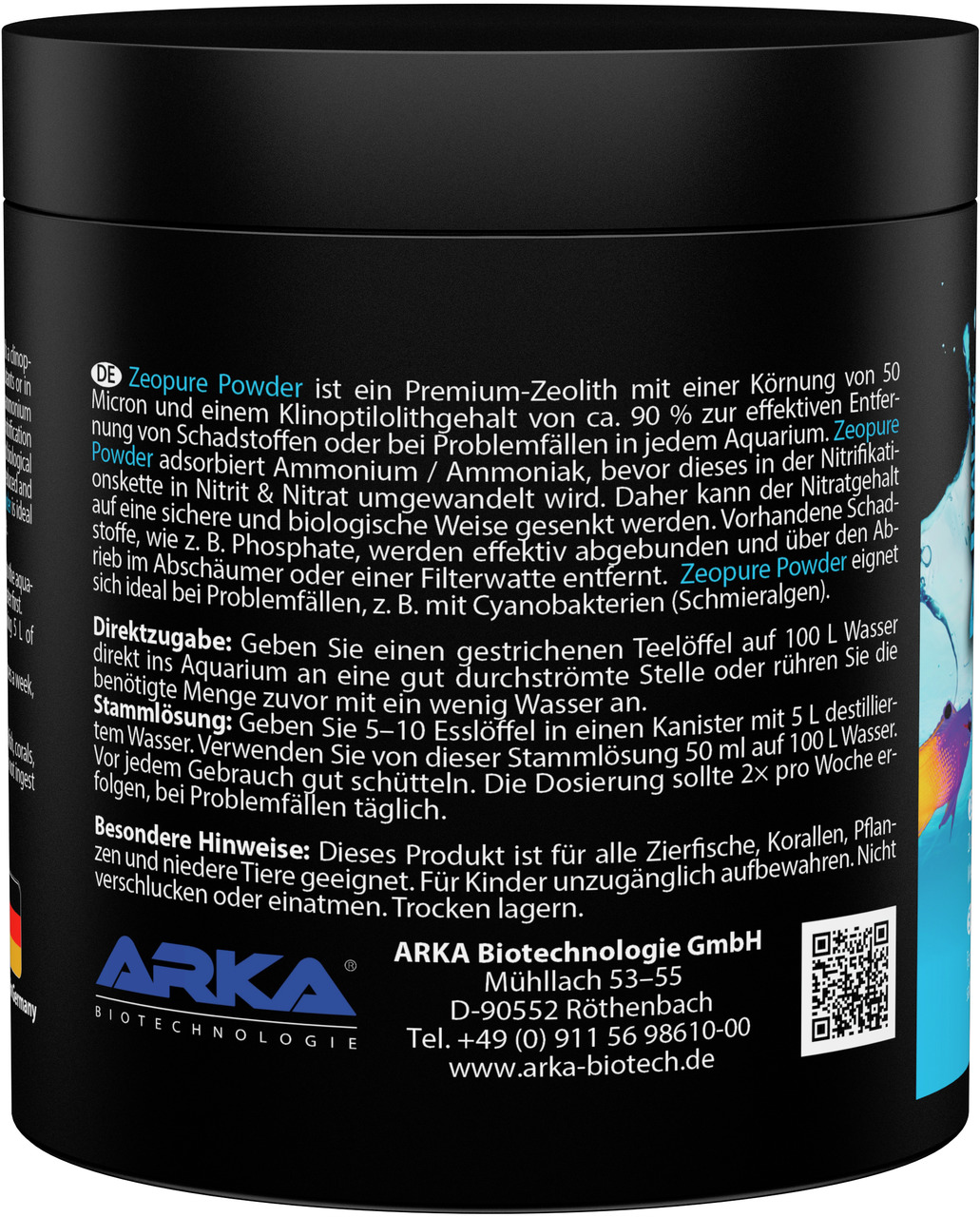 Das Bild zeigt eine schwarze Dose des Produkts „Zeopure Powder“ von der Marke ARKA Biotechnologie. Es handelt sich um ein Premium-Zeolith für Aquarien, geeignet für Zierfische, Korallen, Pflanzen und niedere Tiere. Die Dose enthält 500 g Pulver mit einer 