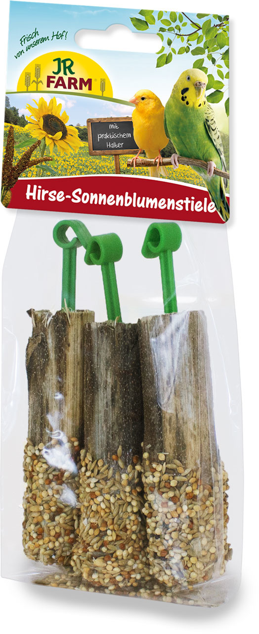JR FARM Hirse-Sonnenblumenstiele, Ergänzungsfutter f. Ziervögel (Wellensittiche, Kanarien), mit Halter, natürlich, Packung mit Stielen.