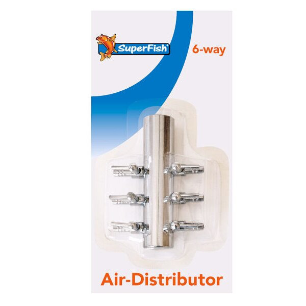 Das Bild zeigt den SuperFish Air-Distributor mit 6 Anschlüssen, geeignet für Aquarienliebhaber. Das Produkt ist aus Metall gefertigt und dient zur Verteilung von Luft in Aquarien. Es ist speziell für die Zielgruppe der Aquaristik-Enthusiasten konzipiert. 