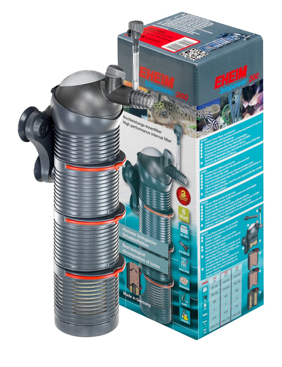 EHEIM biopower 200 Innenfilter, 6W, für Aquarien 100-200L, biologische Schadstoffentfernung, mehrstufige Filterstruktur, Made in Germany.