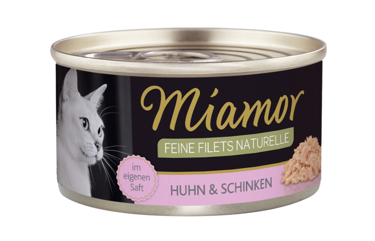 Miamor Feine Filets Naturelle, Katzenfutter, Huhn & Schinken, im eigenen Saft, 100 g, hochwertige natürliche Zutaten.