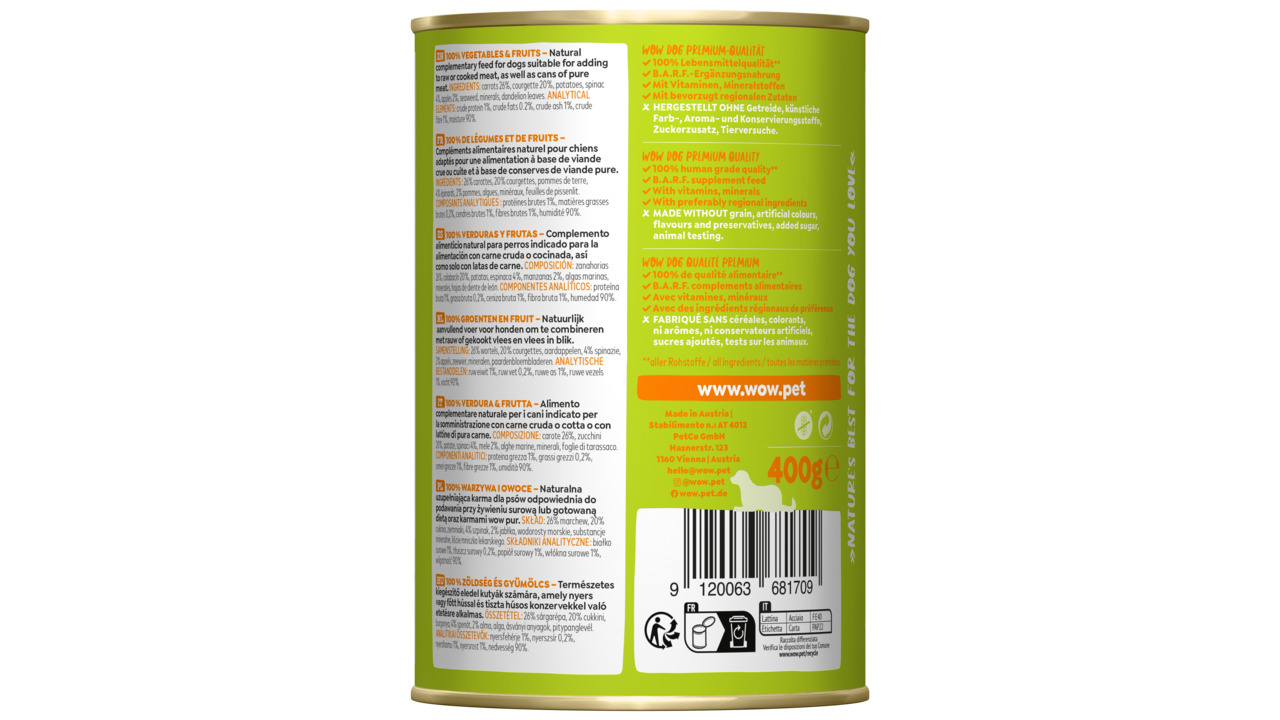 Das Bild zeigt eine grüne Dose des Hundefutters „WOW DOG“ mit einem Gewicht von 400 g. Die Marke „WOW“ bietet ein Premium-Produkt für Hunde an, das aus 100 % natürlichen Zutaten besteht. Es ist getreidefrei und enthält keine künstlichen Farb-, Aroma- oder