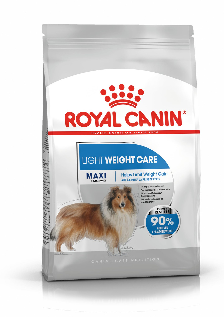 Das Bild zeigt eine Verpackung des Hundefutters „ROYAL CANIN Light Weight Care Maxi“. Es ist speziell für ausgewachsene Hunde großer Rassen (26–44 kg) entwickelt, die zu Gewichtszunahme neigen. Die Geschmacksrichtung ist nicht angegeben. Die Verpackung he