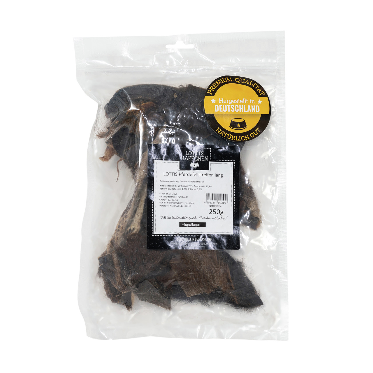 Lottis Häppchen Pferdefellstreifen lang, 250 g, natürl. Kausnack f. Hunde, Premium-Qualität, hypoallergen, hergestellt in Deutschland.