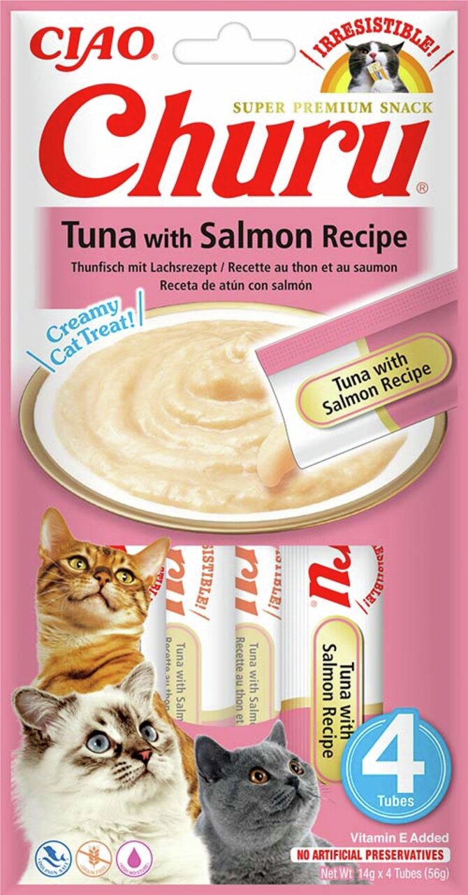 Ciao Churu Super Premium Snack für Katzen, Thunfisch mit Lachs, cremig, ohne künstliche Konservierungsstoffe, 4x14g (56g).
