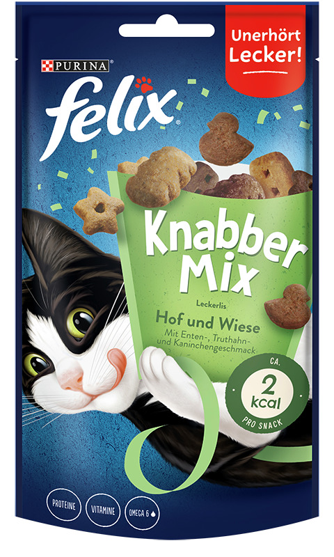 Purina Felix Knabber Mix Hof & Wiese, Katzensnack, Ente-Truthahn-Kaninchen, "Unerhört lecker!", ca. 2 kcal-Snack, Proteine, Vitamine, Omega-6.