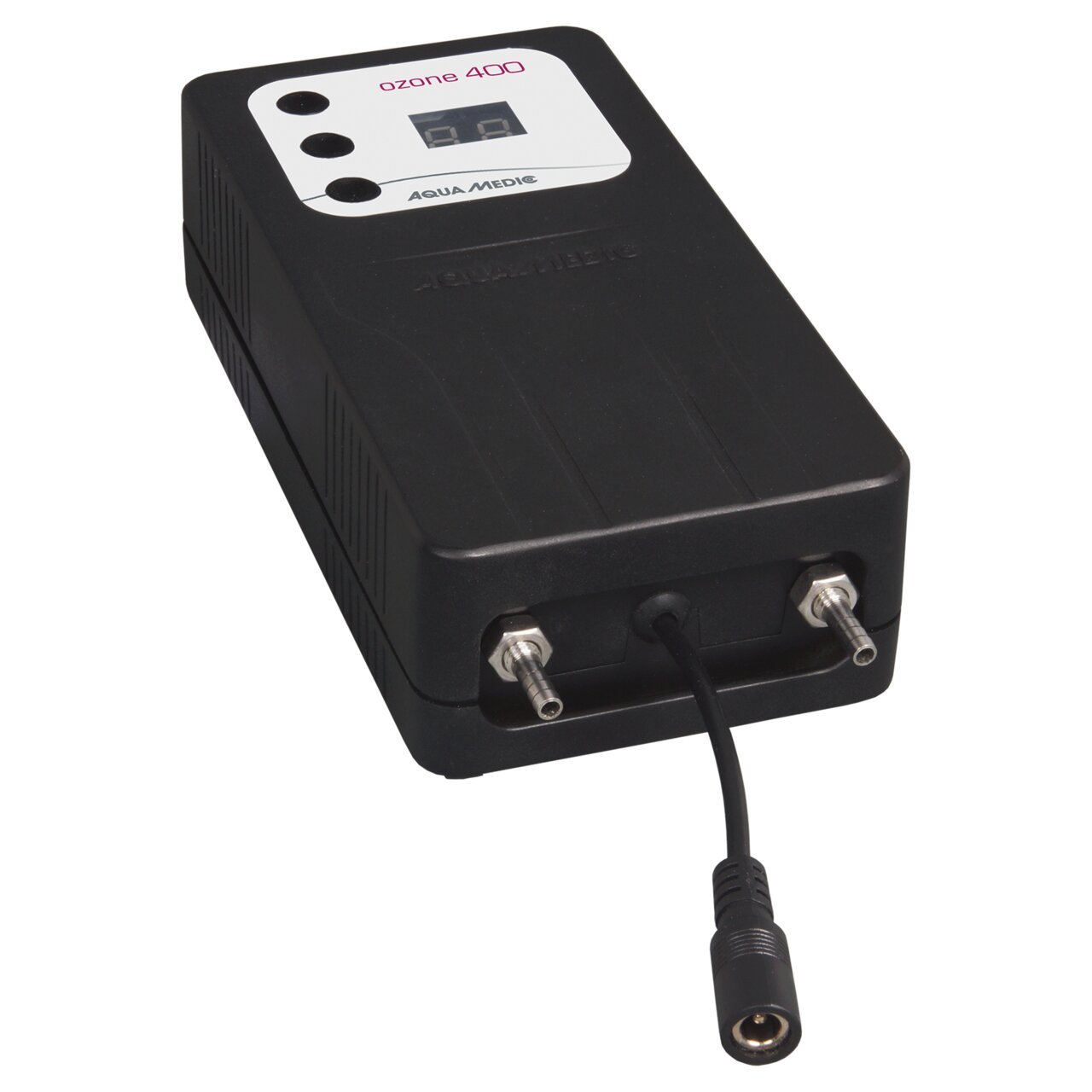 Aqua Medic Ozone 400, Ozonisator für Aquarienbesitzer, Wasseraufbereitung, schwarz, rechteckig, 2 Metallanschlüsse, Kabel.
