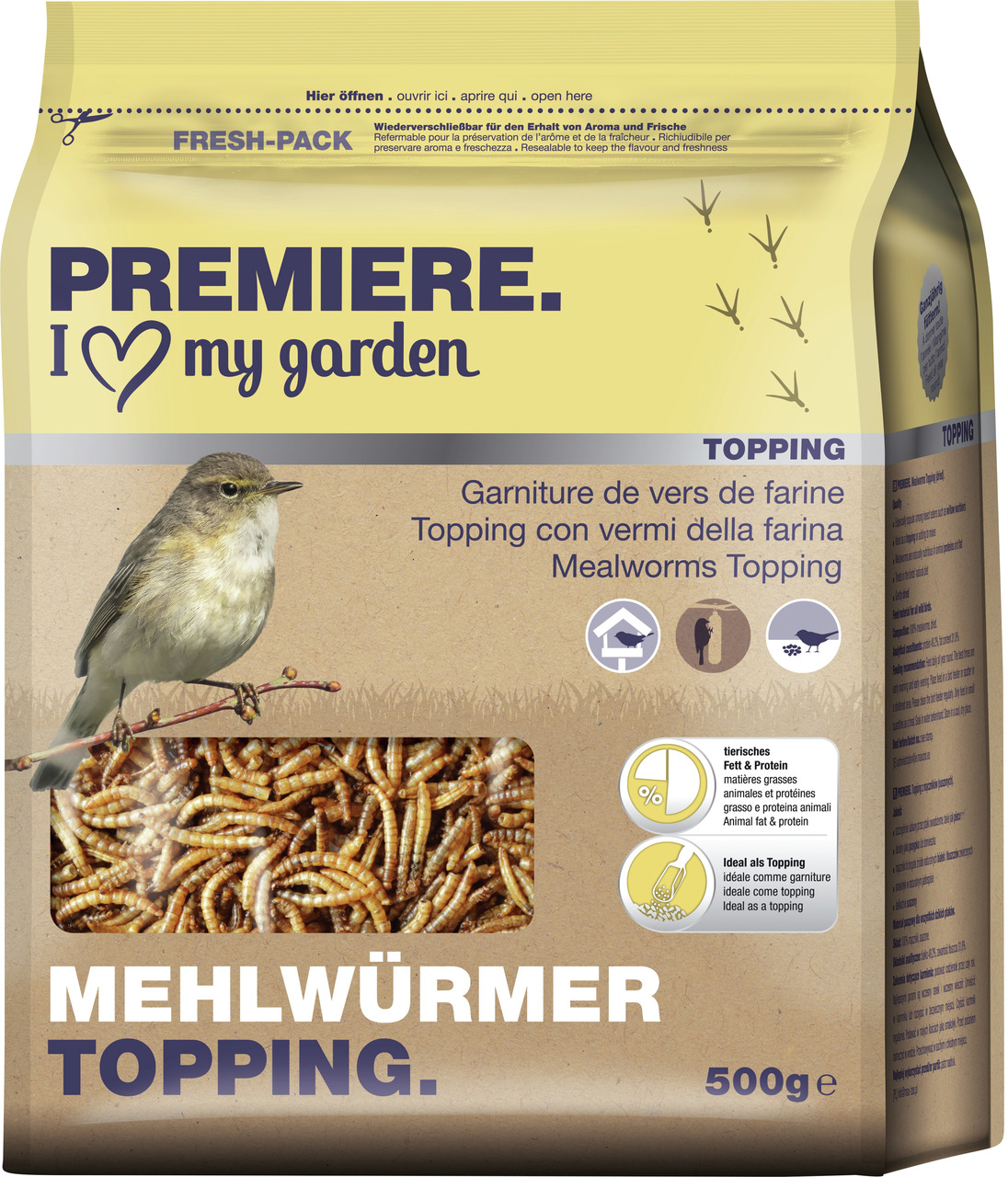 PREMIERE I love my garden Mehlwürmer Topping, 500 g, Ergänzungsfutter f. Wildvögel, proteinreich, wiederverschließbar, ideal als Topping.