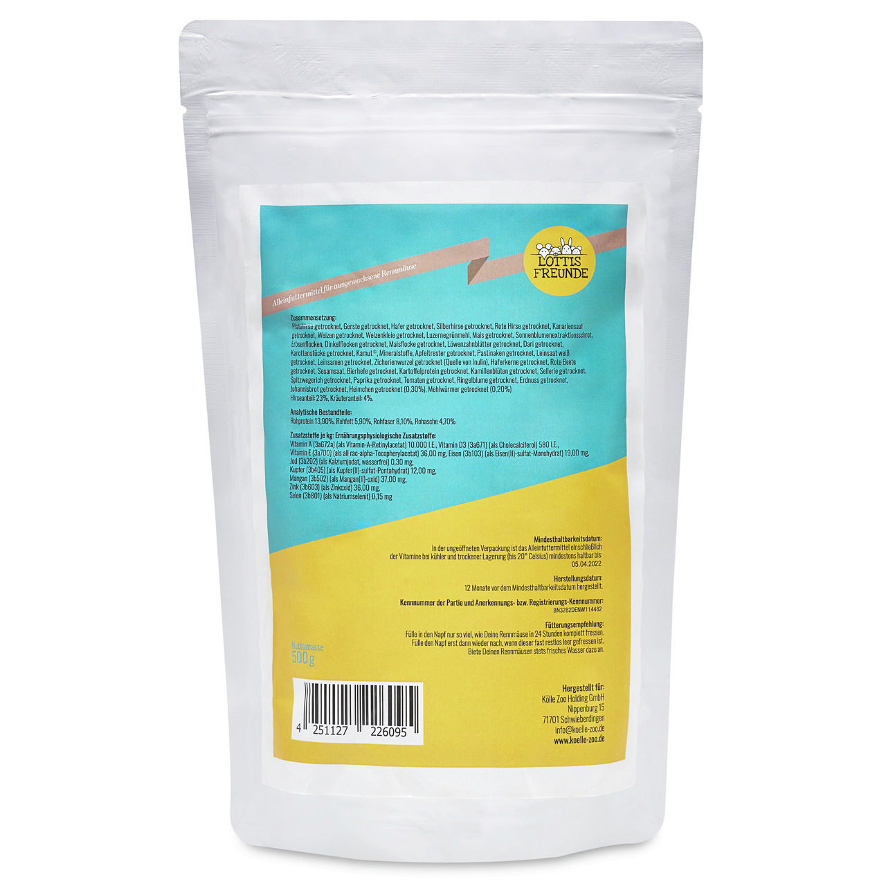 Lottis Freunde Trockenfutter für Hunde, 500 g, hochwertige Inhaltsstoffe, farbenfrohe Verpackung in Blau-Gelb.