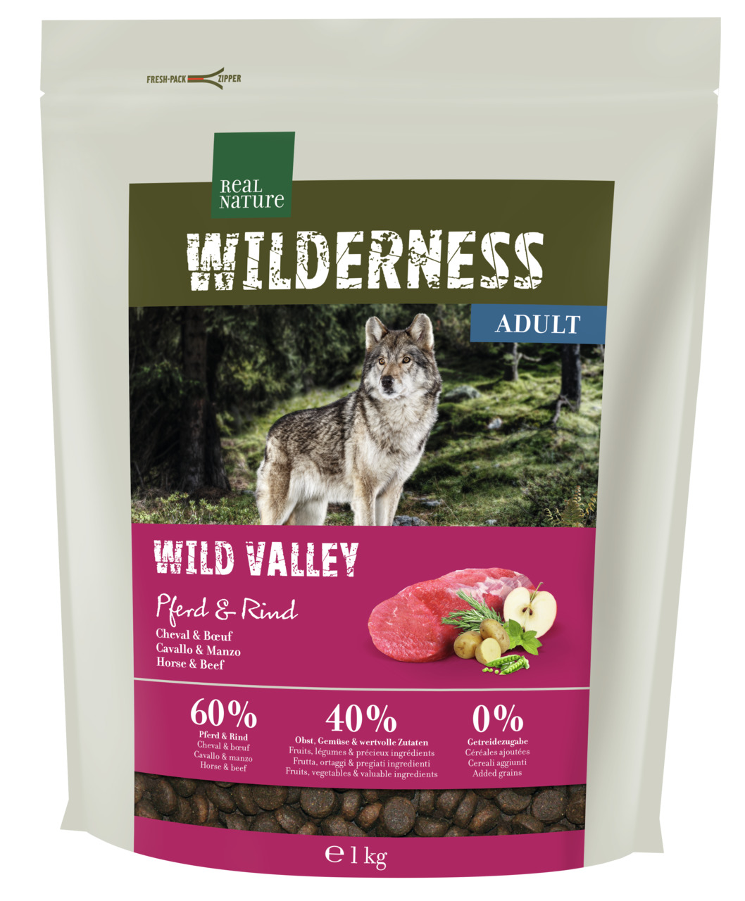 REAL NATURE WILDERNESS Wild Valley Adult, Hunde, Pferd & Rind, 1 kg, 60 % Fleisch, 40 % Obst/Gemüse, 0 % Getreide.