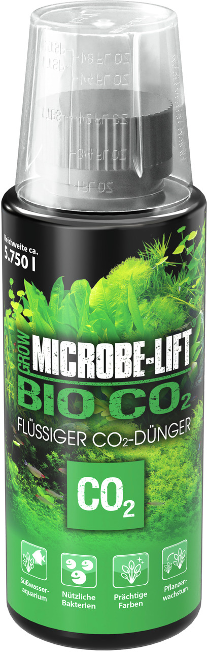 Das Bild zeigt eine schwarze Flasche des Produkts „MICROBE-LIFT BIO-CO2“, einem flüssigen CO2-Dünger für Süßwasseraquarien. Die Zielgruppe sind Aquarienbesitzer. Das Produkt fördert Pflanzenwachstum, prächtige Farben und enthält nützliche Bakterien. Reich