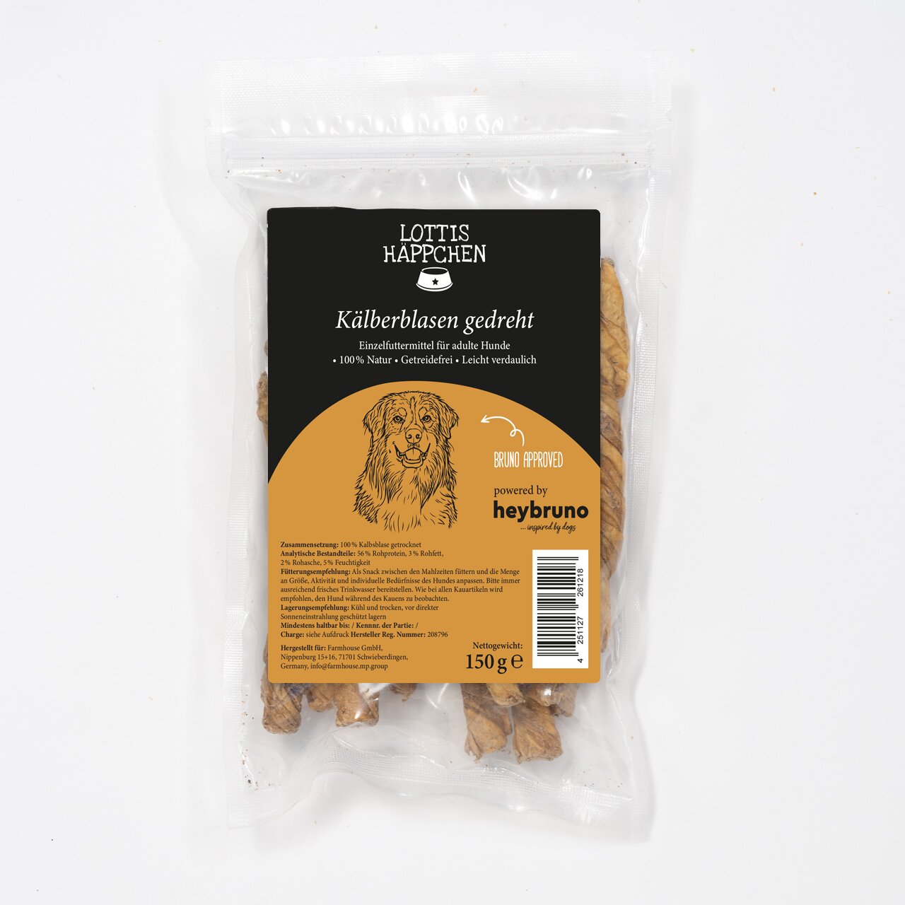 LOTTIS HÄPPCHEN Kälberblasen gedreht für adulte Hunde, Natur-Kausnack, getreidefrei, leicht verdaulich, 150 g