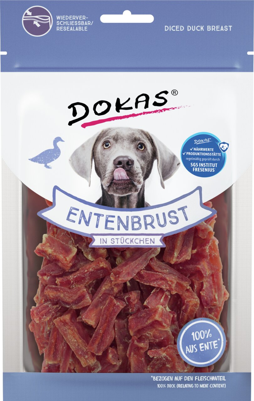 DOKAS Entenbrust in Stückchen, Hundesnack, 100 % Entenfleisch, proteinreich, SGS geprüft, wiederverschließbar.