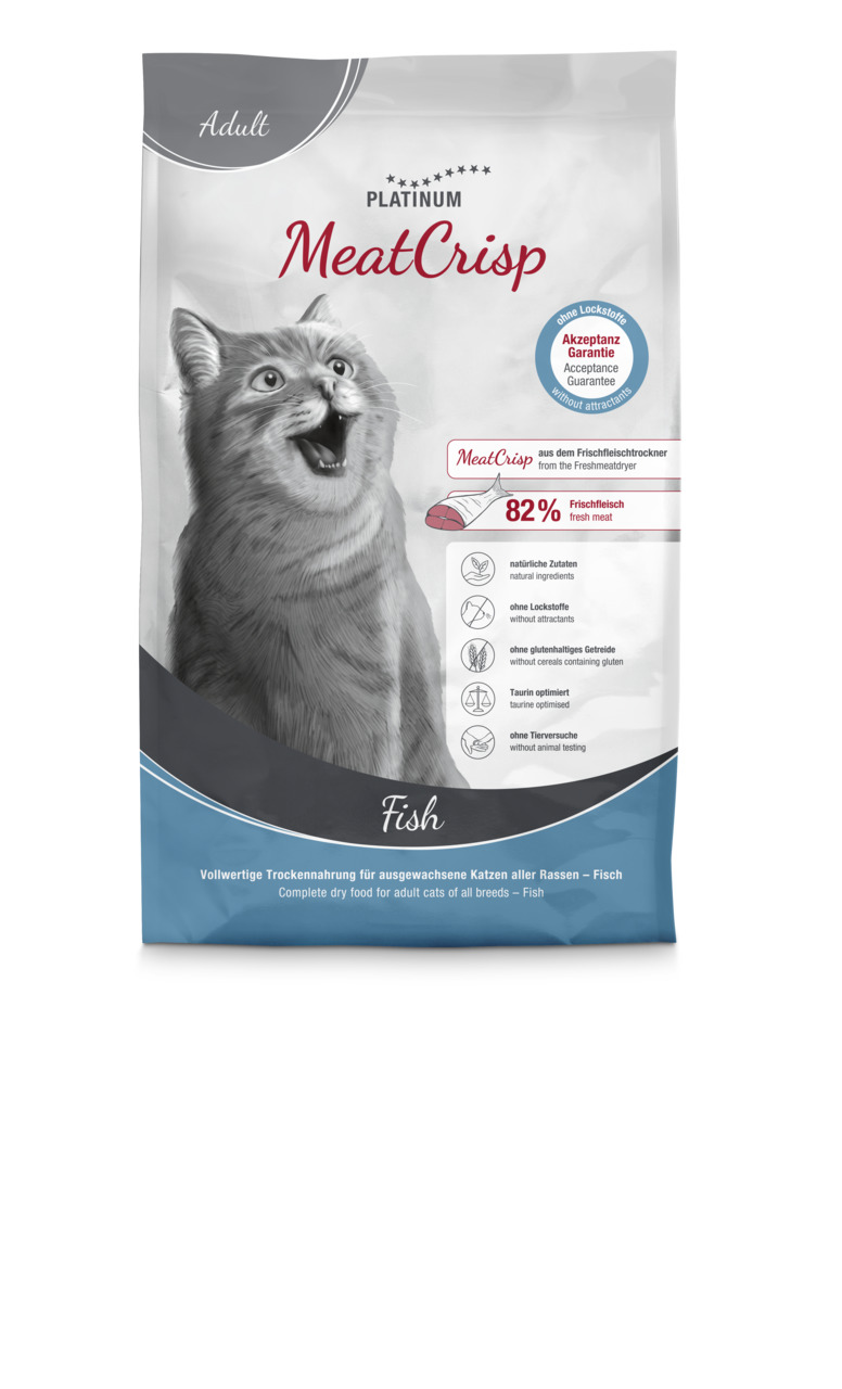 PLATINUM MeatCrisp Fish: Trockenfutter für ausgewachsene Katzen, Fischgeschmack, 82 % frisches Fleisch, natürliche Zutaten, ohne Lockstoffe.